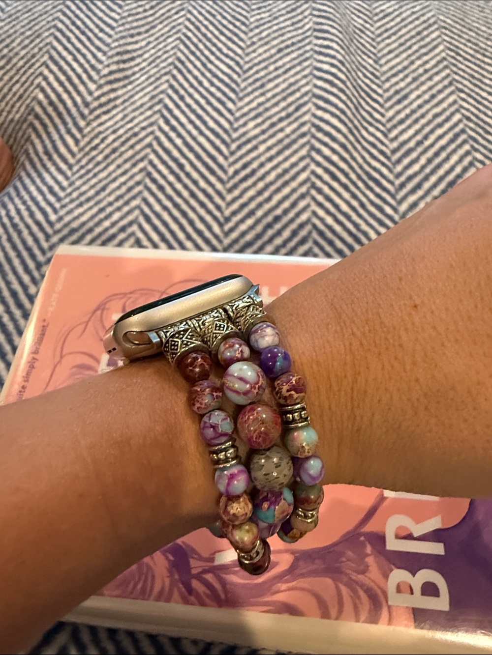 Apple Watch Band Multi-Strand Purple and Turquoise Beaded with Silver Accents